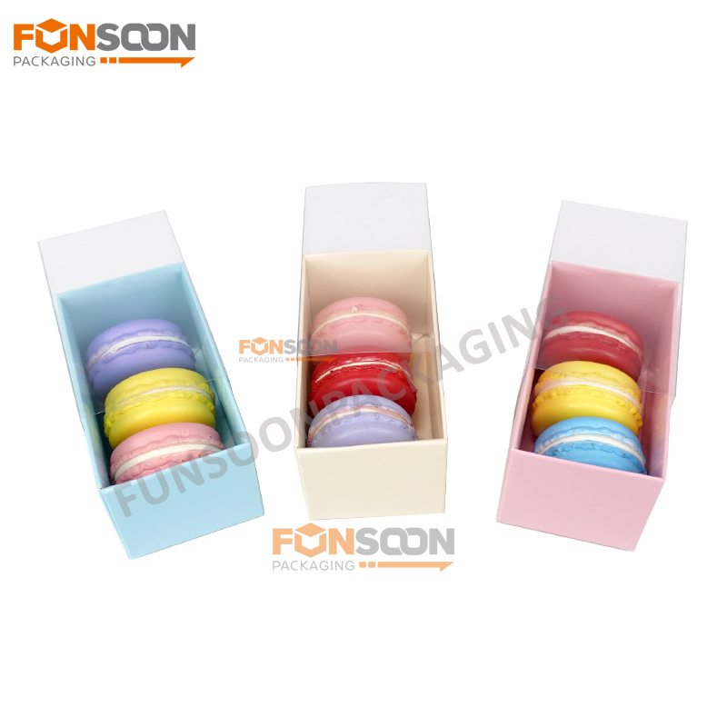 3 macarons paper drawer box with clear sleeve
