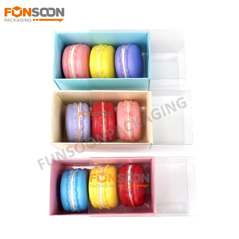 3 macarons paper drawer box with clear sleeve