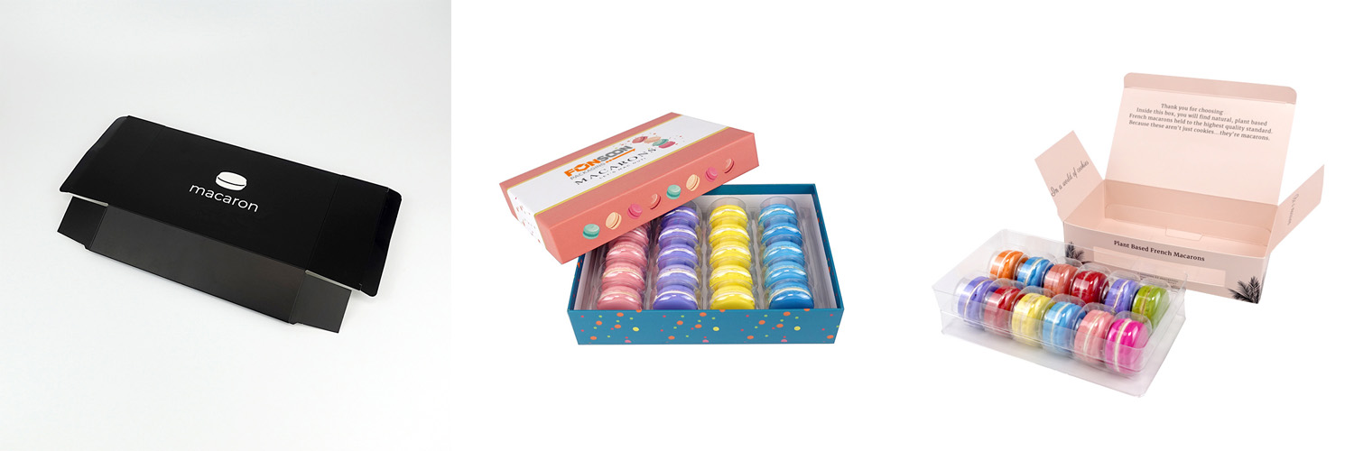 Custom macaron packaging ideas with printed boxes and insert trays