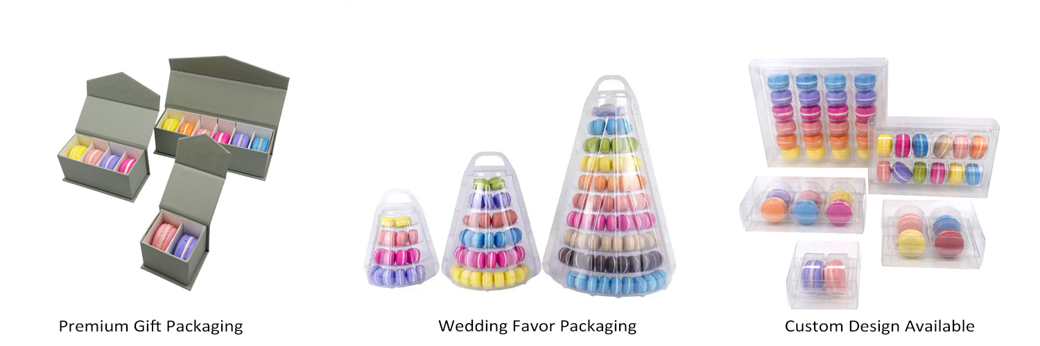 wedding macaron packaging solutions with gift boxes and display tower