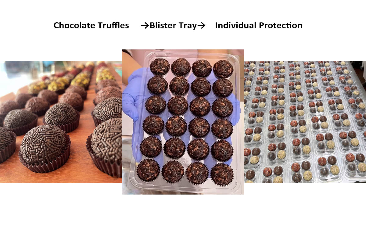 Chocolate truffle packaging with PET insert and individual cavities