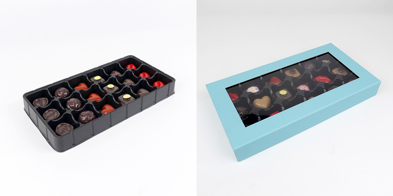 Chocolate packaging insert solution with custom trays and boxes