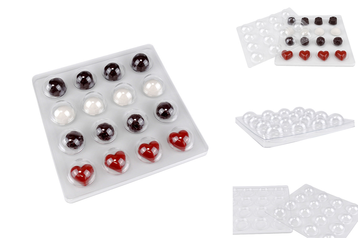 Clear PET chocolate blister tray with individual cavities for confectionery packaging.