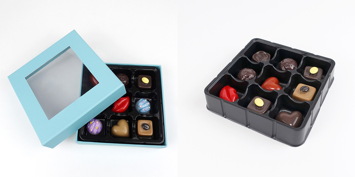 Custom chocolate gift box and PET insert tray packaging solution